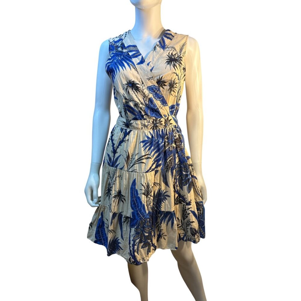 Blue and White Tropical Print Wrap Dress